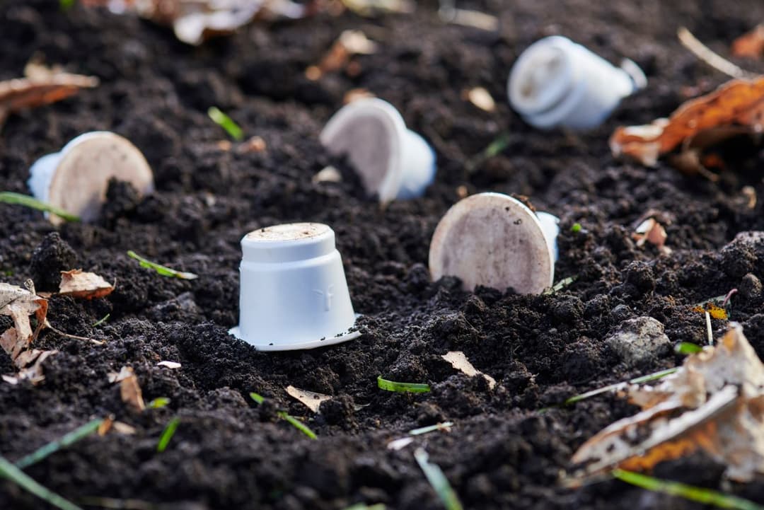 Cápsulas compostáveis biodegradando na terra